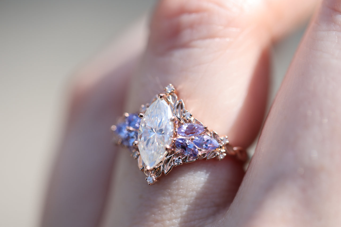 Briar Starlight with 10x5mm Marquise Moissanite and Tanzanite