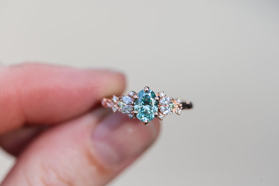 READY TO SHIP- Size 7 14k rose Enchanted garden with teal moissanite