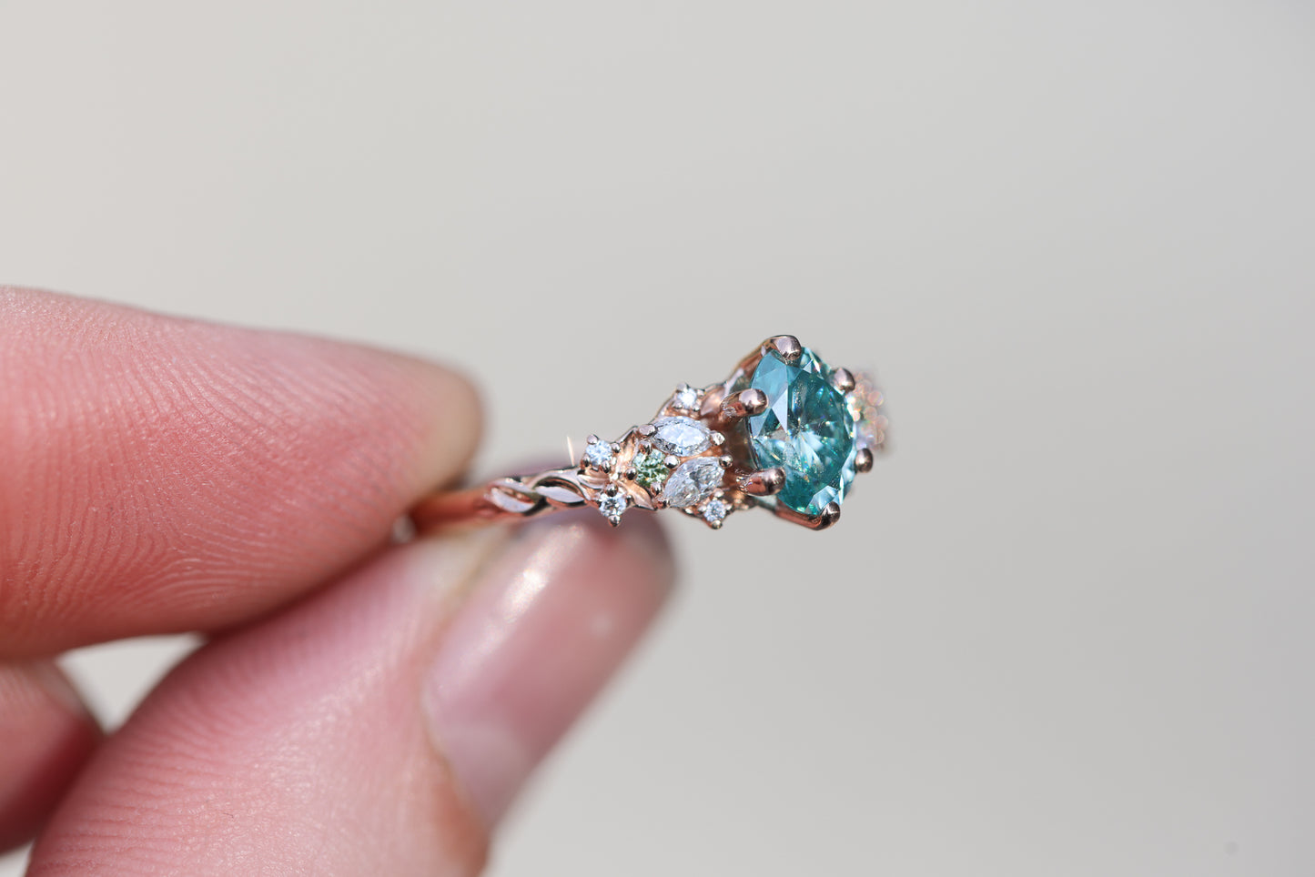 READY TO SHIP- Size 7 14k rose Enchanted garden with teal moissanite