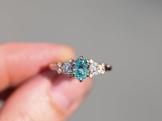 READY TO SHIP- Size 7 14k rose Enchanted garden with teal moissanite