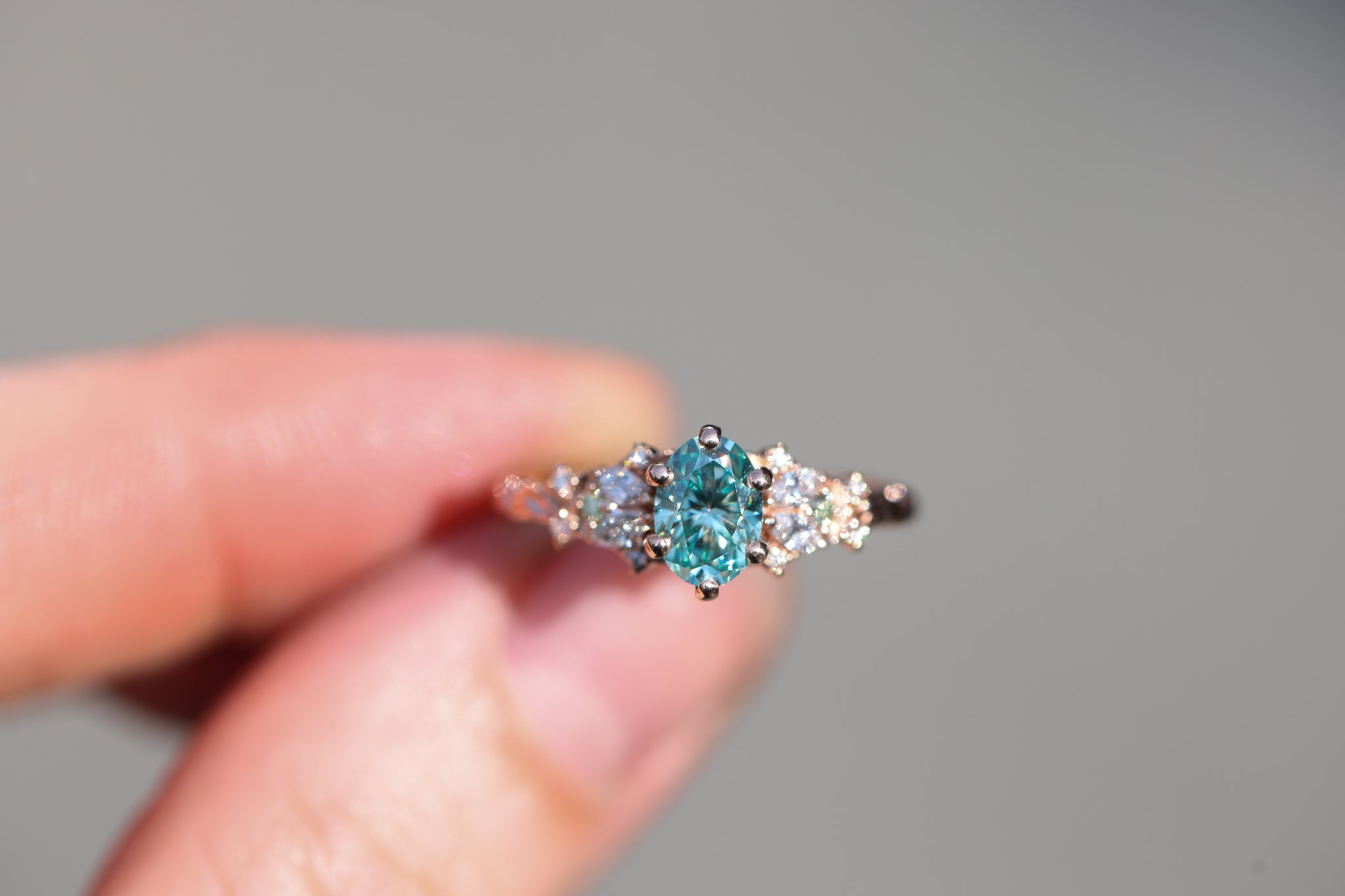 Enchanted Garden 7x5mm teal moissanite – Oore Jewelry