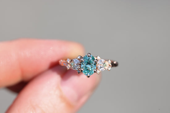 READY TO SHIP- Size 7 14k rose Enchanted garden with teal moissanite