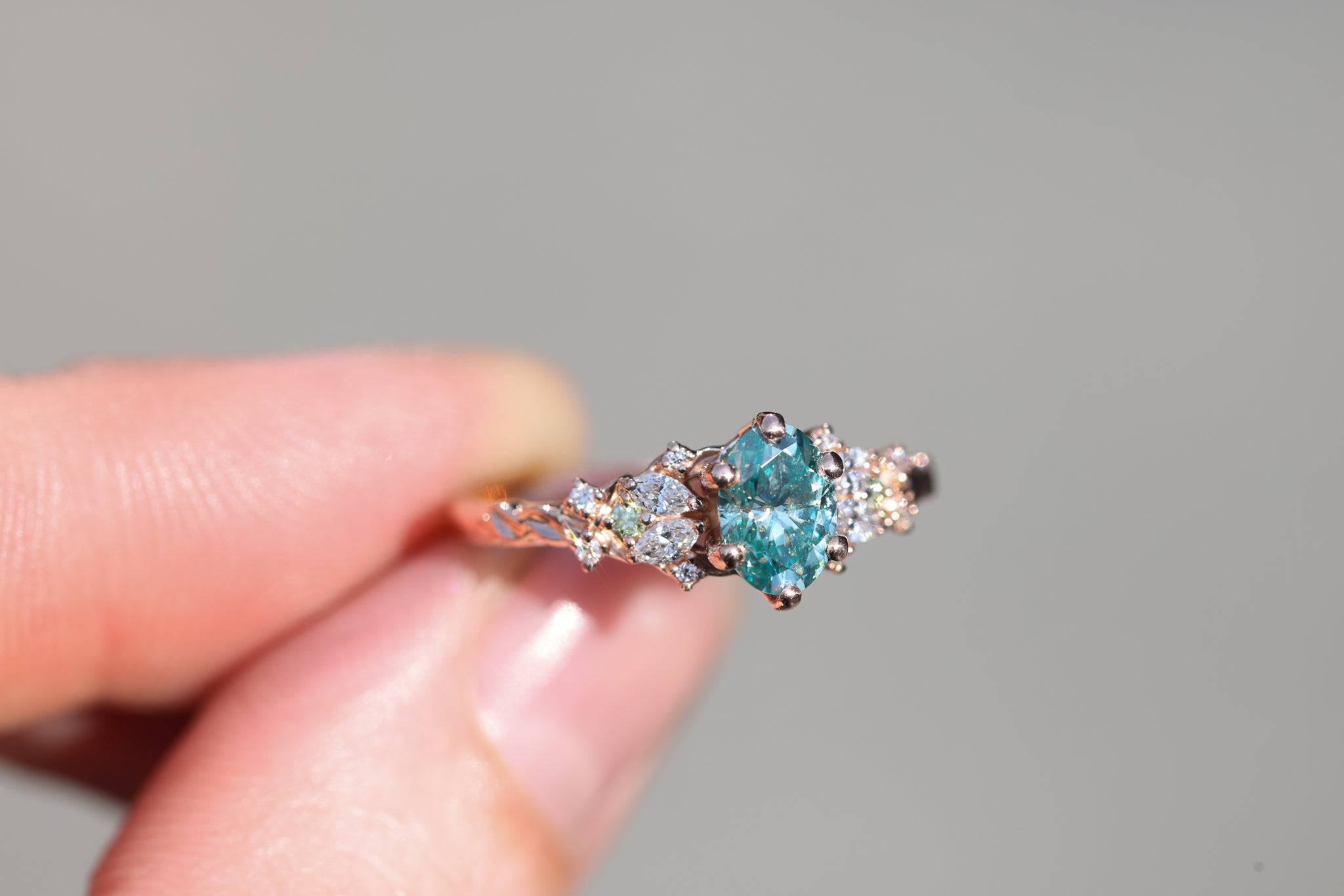 Enchanted Garden 7x5mm teal moissanite – Oore Jewelry