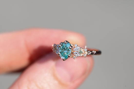 READY TO SHIP- Size 7 14k rose Enchanted garden with teal moissanite