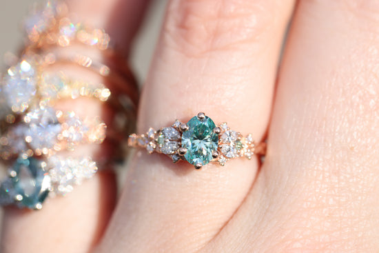 READY TO SHIP- Size 7 14k rose Enchanted garden with teal moissanite