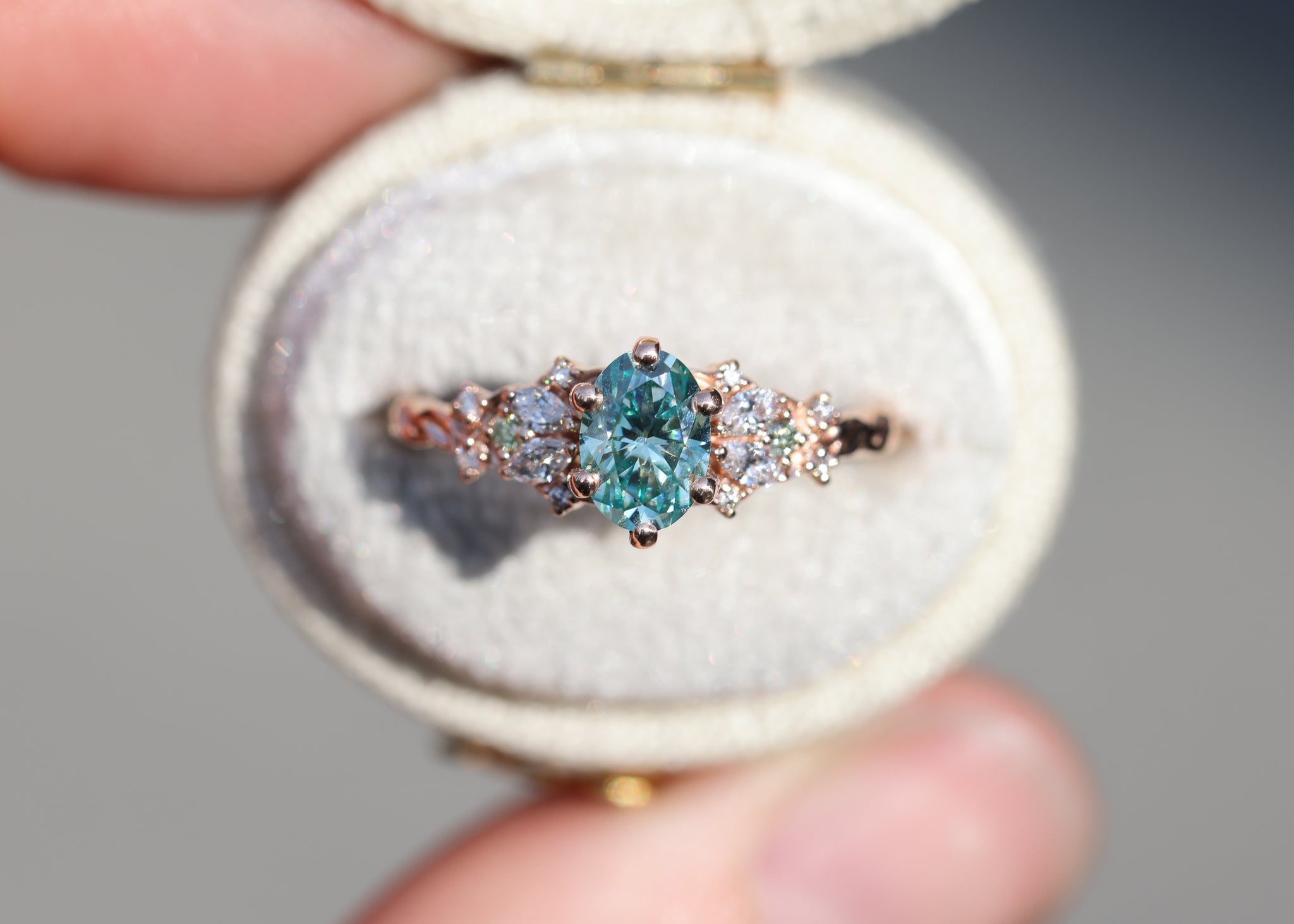Enchanted Garden 7x5mm teal moissanite – Oore Jewelry