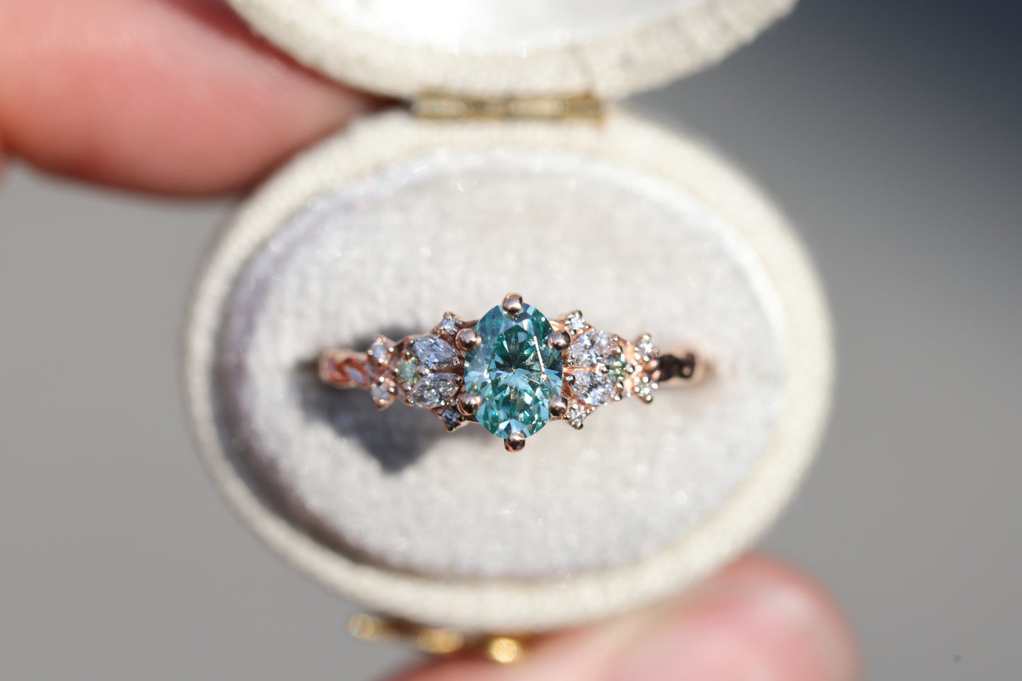 Enchanted garden 7x5mm teal moissanite