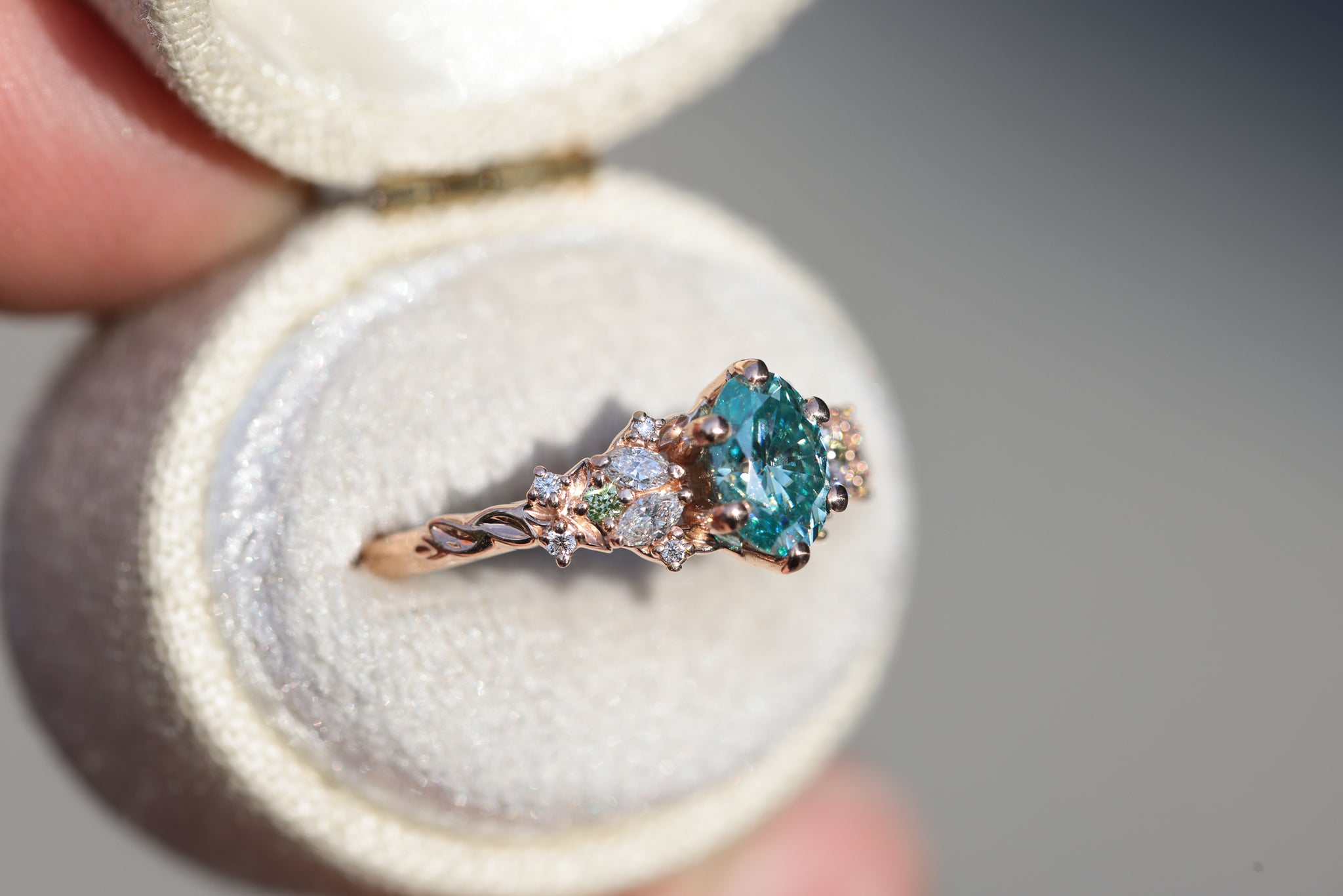 Enchanted Garden 7x5mm teal moissanite – Oore Jewelry
