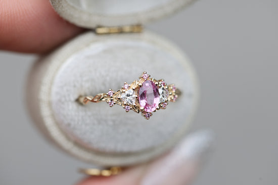 Briar Rose Three Stone with Oval Pink Sapphire Center and Accents