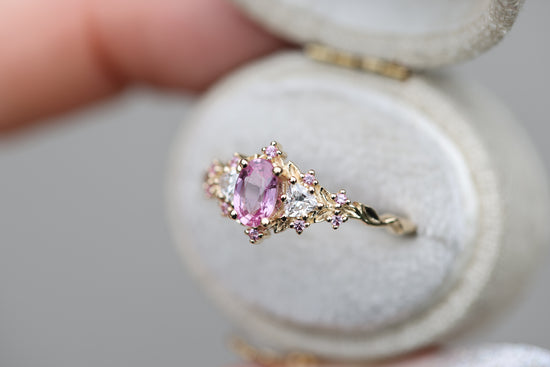 Briar Rose Three Stone with Oval Pink Sapphire Center and Accents