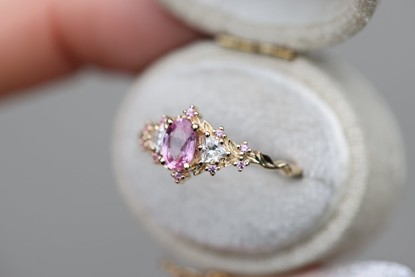 Briar Rose Three Stone with Oval Pink Sapphire Center and Accents