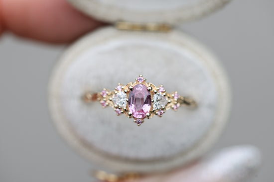 Briar Rose Three Stone with Oval Pink Sapphire Center and Accents