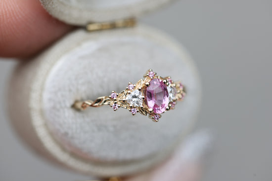 Briar Rose Three Stone with Oval Pink Sapphire Center and Accents