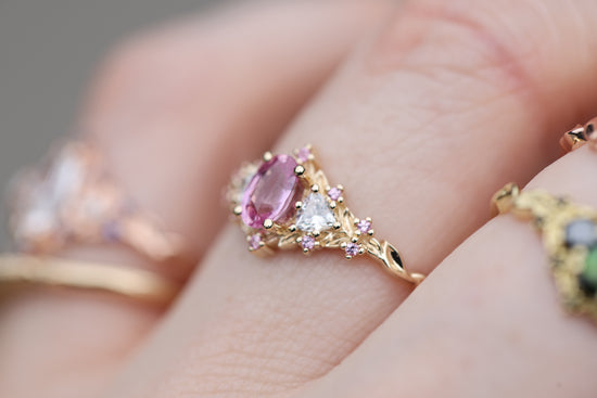 Briar Rose Three Stone with Oval Pink Sapphire Center and Accents