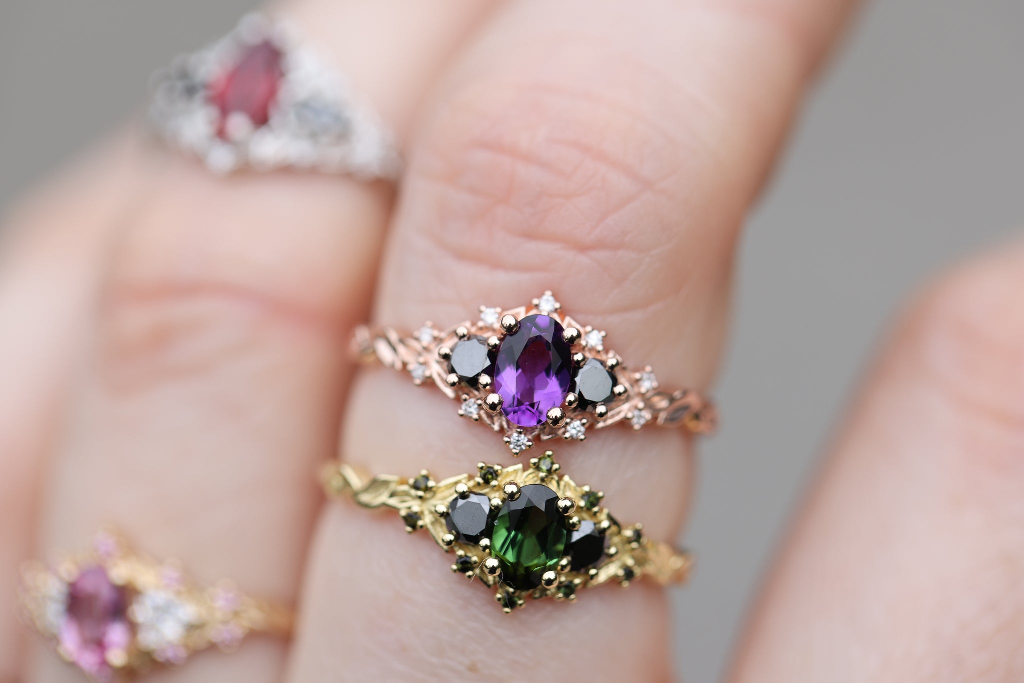 Briar Rose Three Stone with Amethyst and Black Diamond – Oore Jewelry