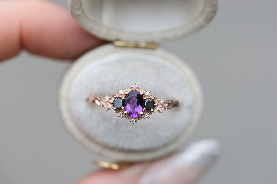 Briar Rose Three Stone with Amethyst and Black Diamond