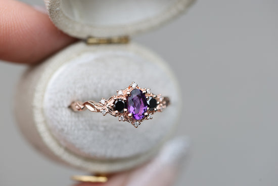 Briar Rose Three Stone with Amethyst and Black Diamond