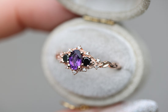 Briar Rose Three Stone with Amethyst and Black Diamond