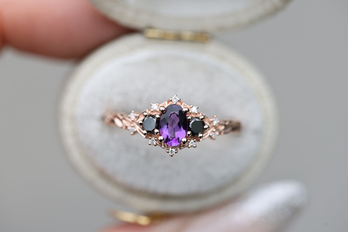 Briar Rose Three Stone with Amethyst and Black Diamond