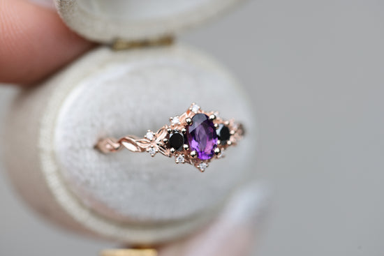 Briar Rose Three Stone with Amethyst and Black Diamond