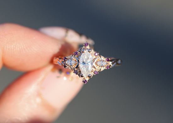 Briar moon three stone with marquise moissanite and amethyst