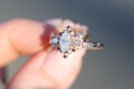 Briar moon three stone with marquise moissanite and amethyst