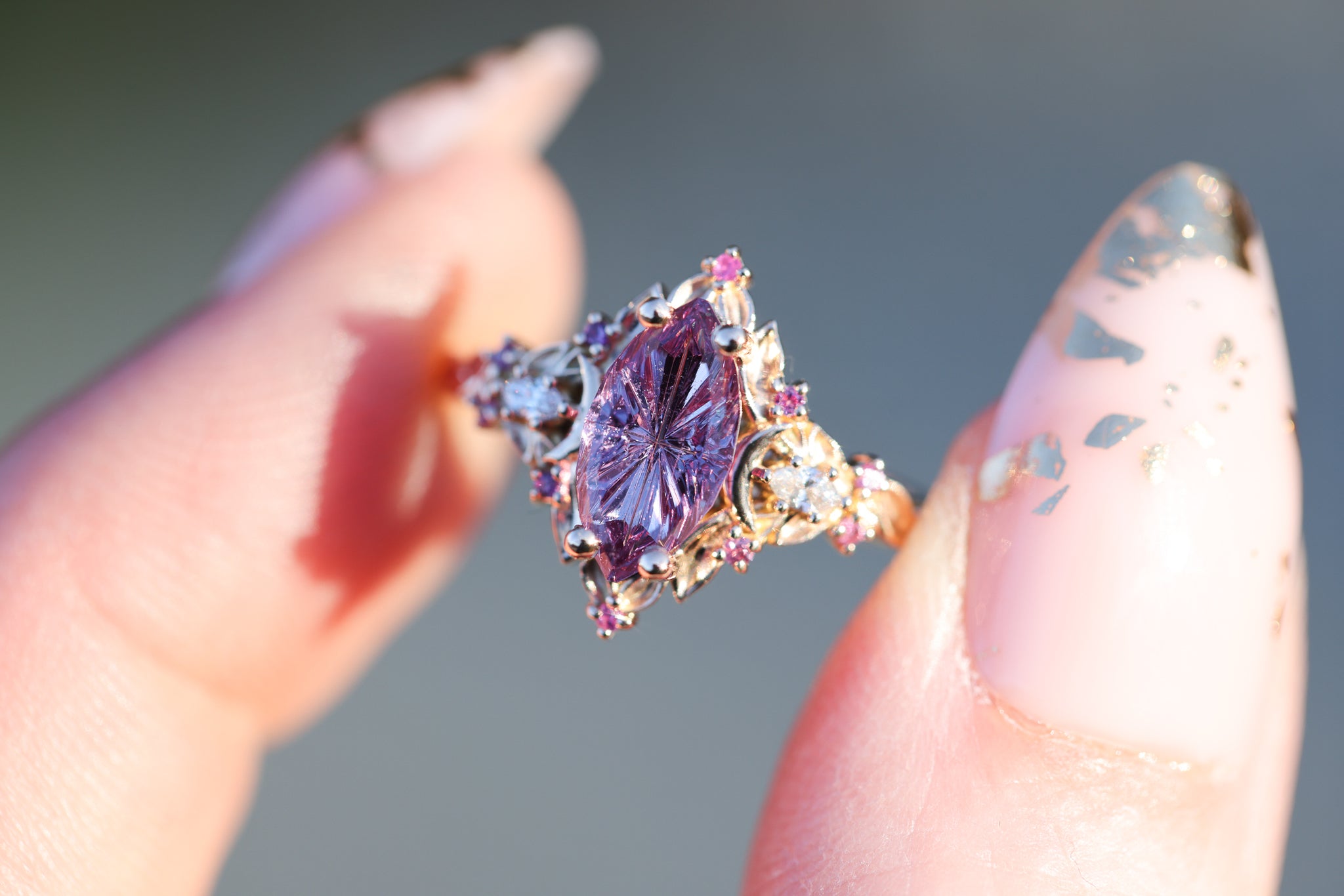 moontreeplanet マザーオブパール　リング３個セット Briar moon three stone with marquise moissanite and lab