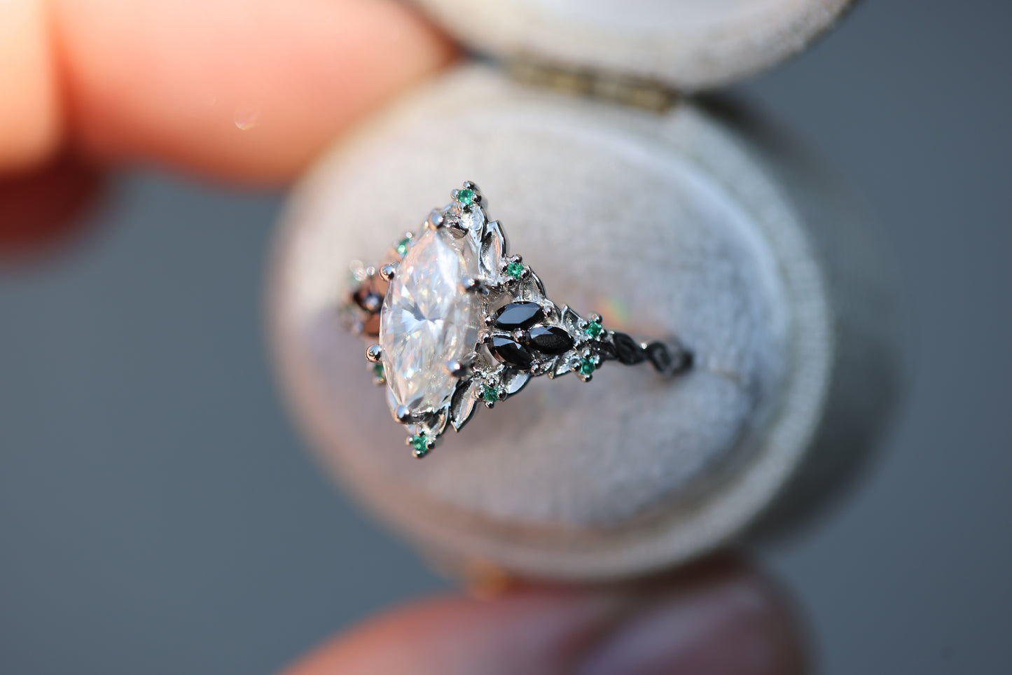 Briar Rose Starlight with 10x5mm Marquise Moissanite and Emerald Accents