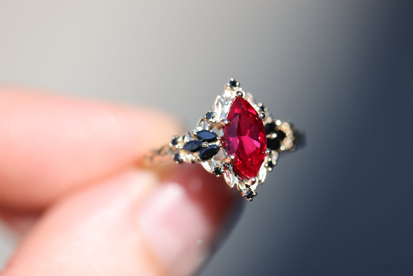 Briar Rose Starlight with 10x5mm Lab Ruby and Black Diamonds