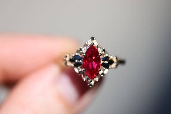 Briar Rose Starlight with 10x5mm Lab Ruby and Black Diamonds