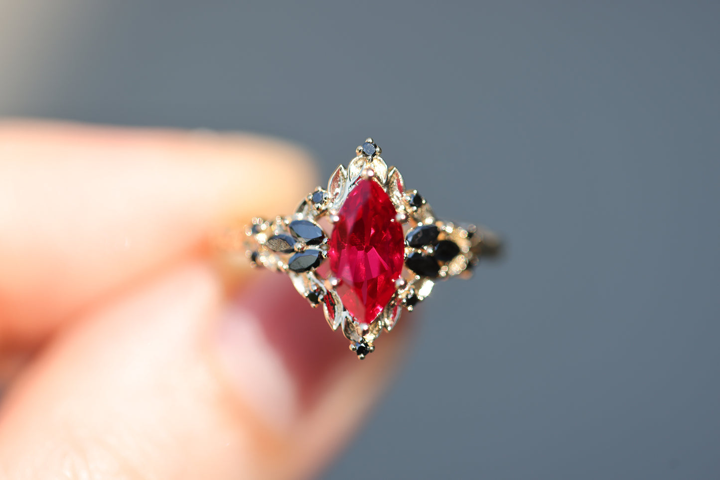 Briar Rose Starlight with 10x5mm Lab Ruby and Black Diamonds