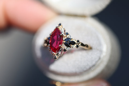 Briar Rose Starlight with 10x5mm Lab Ruby and Black Diamonds