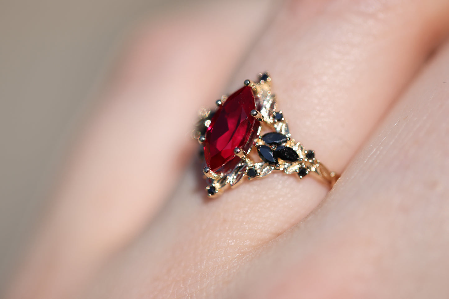 Briar Rose Starlight with 10x5mm Lab Ruby and Black Diamonds