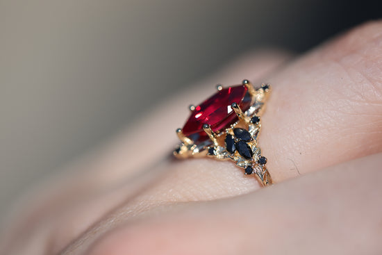 Briar Rose Starlight with 10x5mm Lab Ruby and Black Diamonds