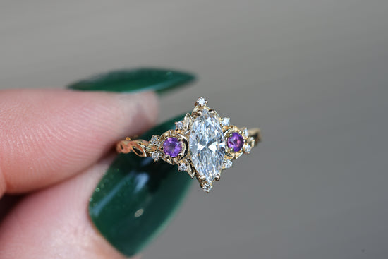 Briar Moon Three Stone with Marquise Lab Diamond and Round Amethyst