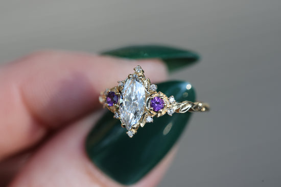 Briar Moon Three Stone with Marquise Lab Diamond and Round Amethyst