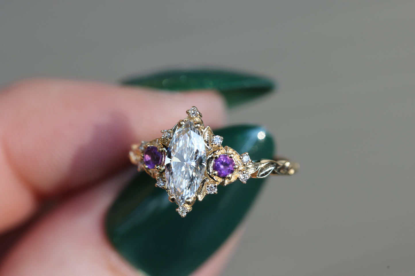 Briar Moon Three Stone with Marquise Lab Diamond and Round Amethyst