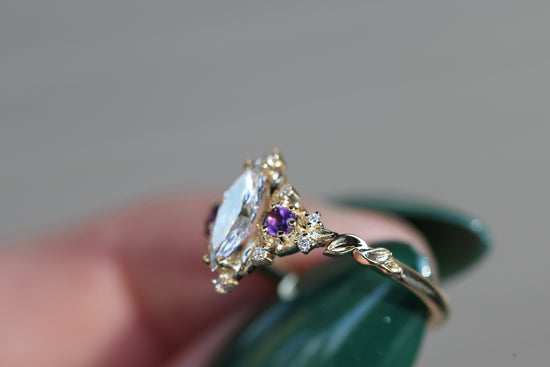 Briar Moon Three Stone with Marquise Lab Diamond and Round Amethyst