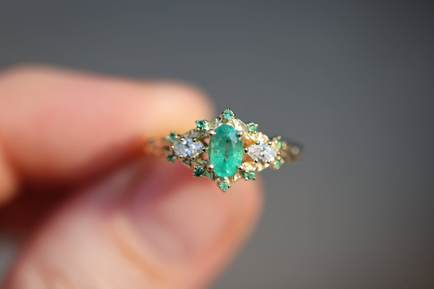 Briar Rose Three Stone with Oval Natural Emerald and Diamonds