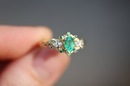 Briar Rose Three Stone with Oval Natural Emerald and Diamonds