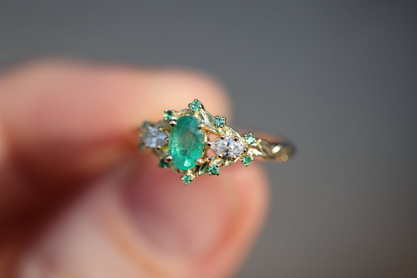 Briar Rose Three Stone with Oval Natural Emerald and Diamonds