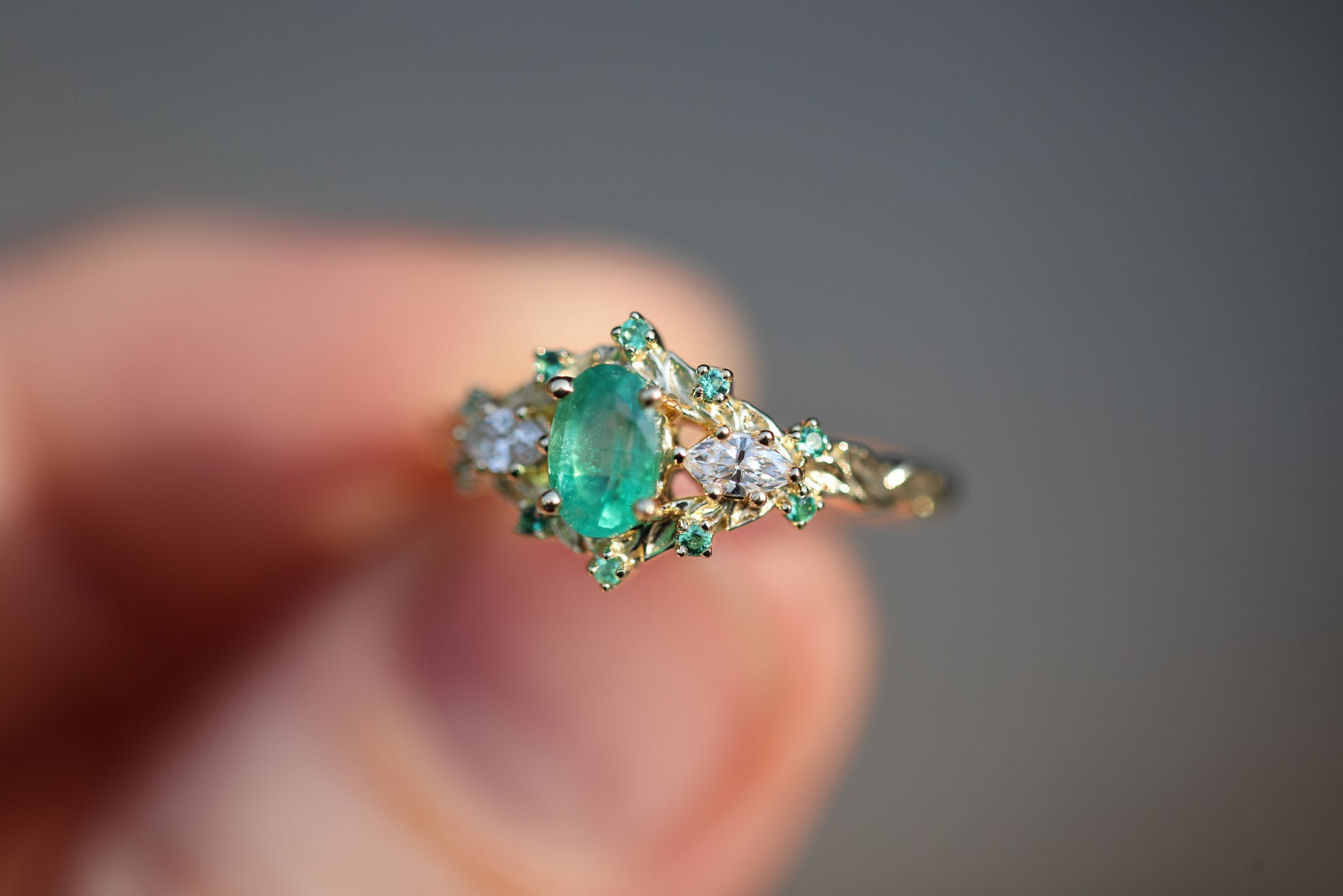 Briar Rose Three Stone with oval natural emerald and diamonds
