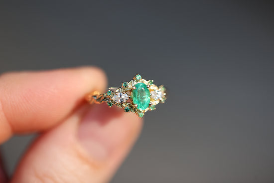 Briar Rose Three Stone with Oval Natural Emerald and Diamonds