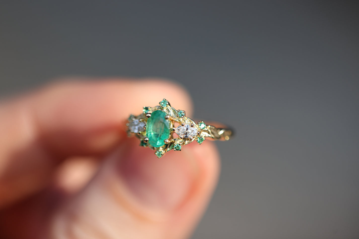 Briar Rose Three Stone with Oval Natural Emerald and Diamonds