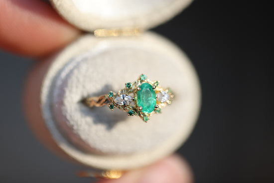 Briar Rose Three Stone with Oval Natural Emerald and Diamonds