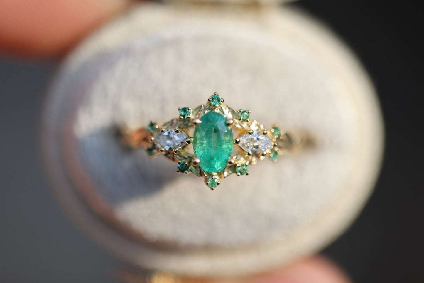 Briar Rose Three Stone with Oval Natural Emerald and Diamonds