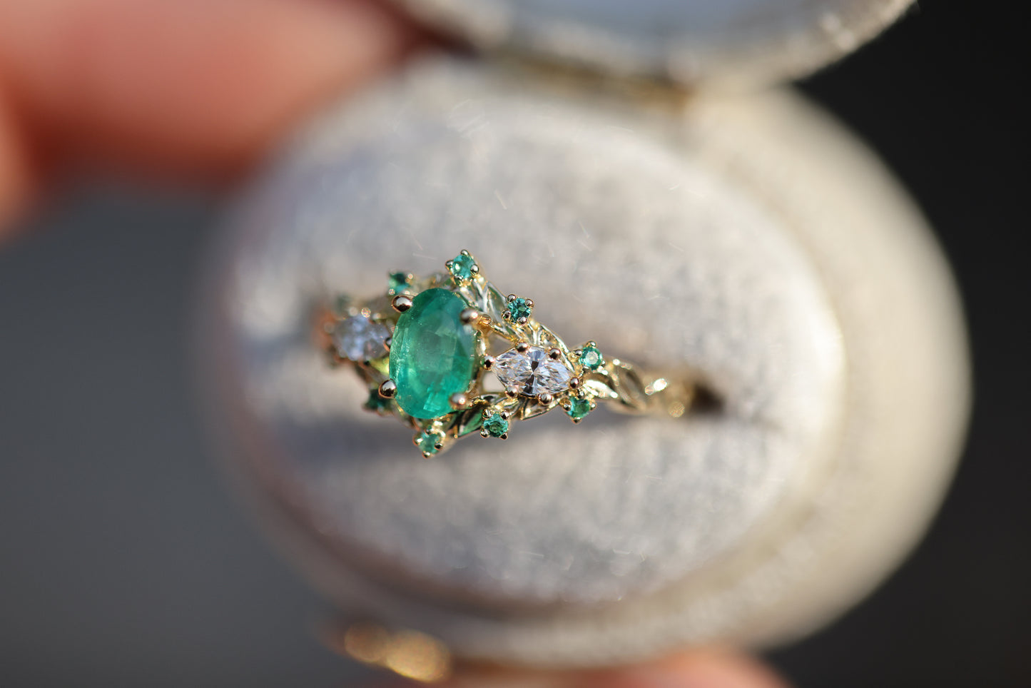 Briar Rose Three Stone with Oval Natural Emerald and Diamonds