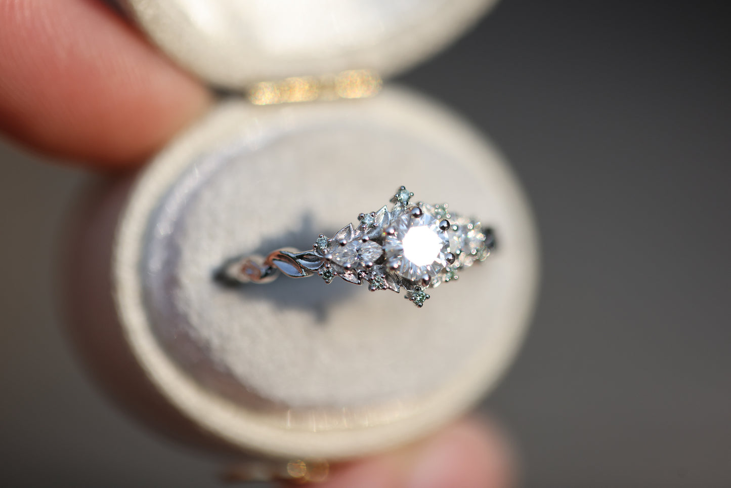 Briar Rose Three Stone with Round Moissanite and Mint Diamonds