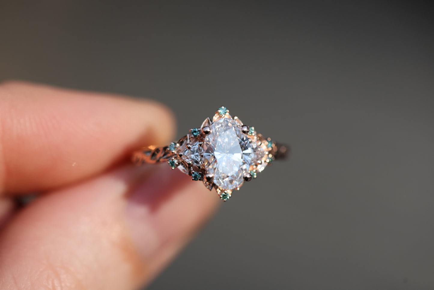 Briar Rose Three Stone with 1.2ct Oval Lab Diamond and Mint Diamond Accents