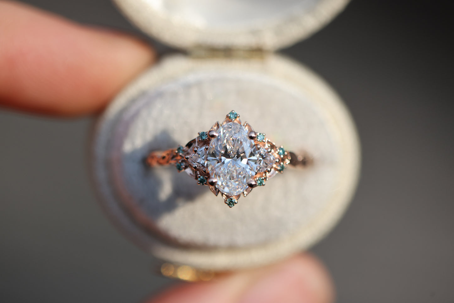 Briar Rose Three Stone with 1.2ct Oval Lab Diamond and Mint Diamond Accents